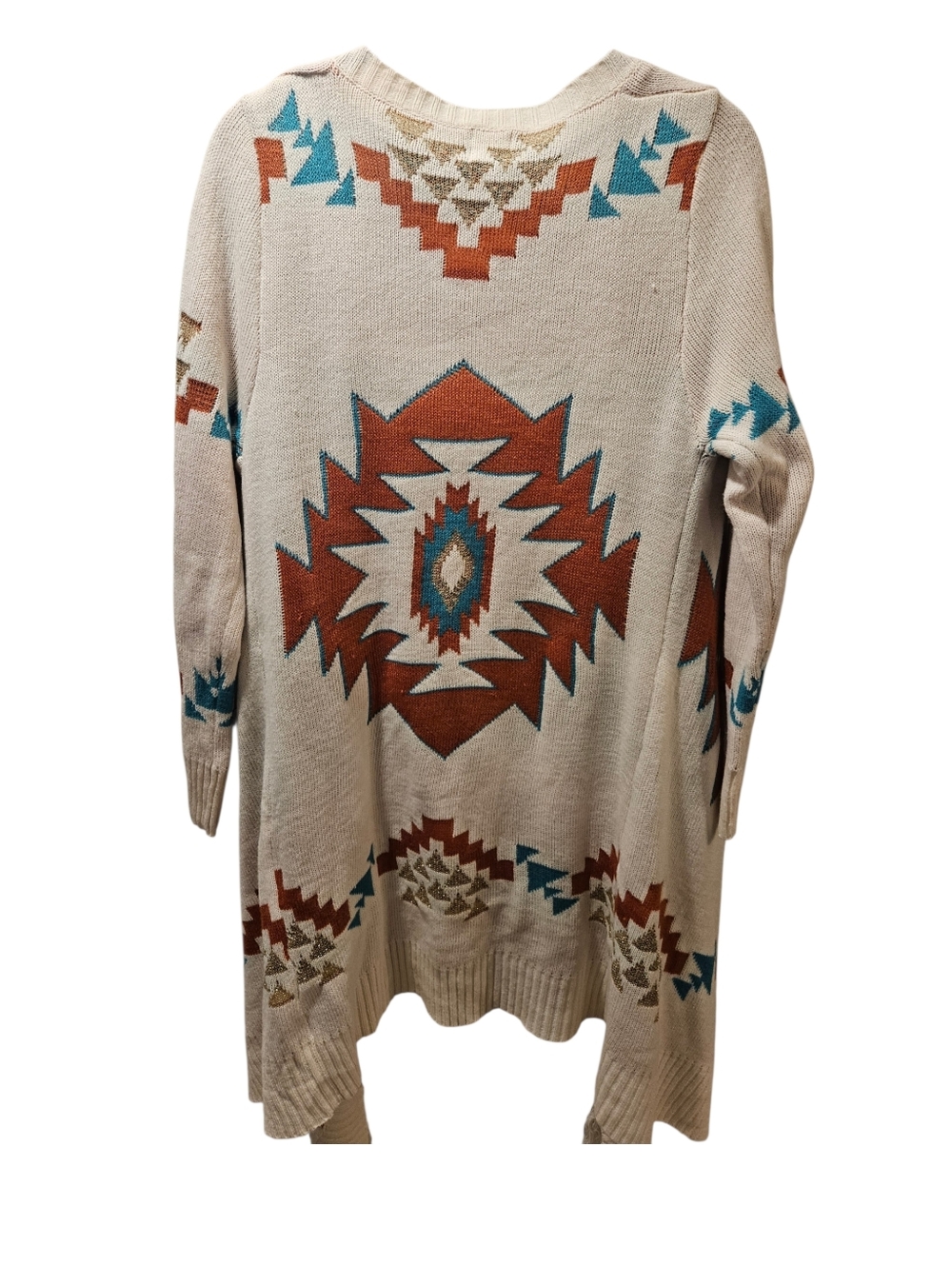 Open-Front Cardigan with Rust & Teal Geometric Pattern - Picture 2 of 4